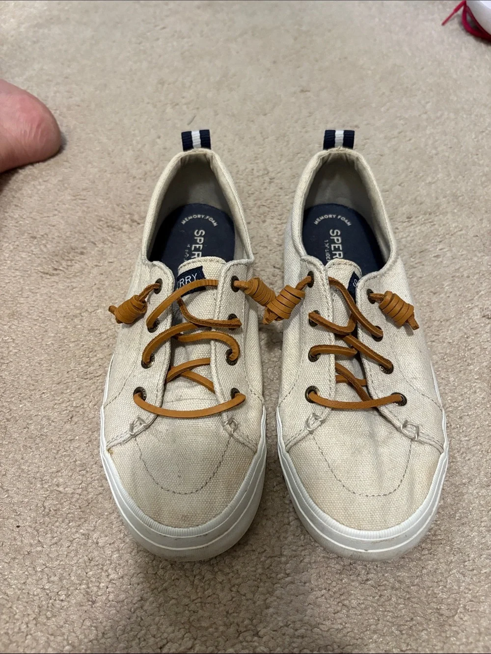 Sperry Women’s Canvas Boat Sneakers in Cream with Navy Stripes